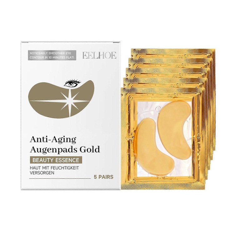 Masti pentru ochi/patch-uri hidrogel EELHOE Gold, hidratante, cu infuzie de aur, usor de aplicat, Auriu, 5 perechi