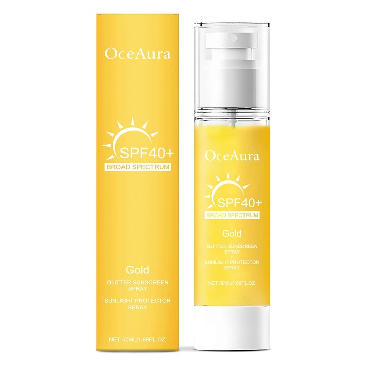 Spray de protectie solara OceAura SPF40+, iluminator cu particule stralucitoare, hidratant, cu oxid de titan, Auriu, 50ml
