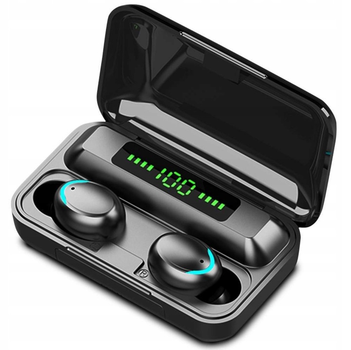 Vezeték nélküli in-ear fülhallgató powerbankkal, Bluetooth 5.0, fekete, szett