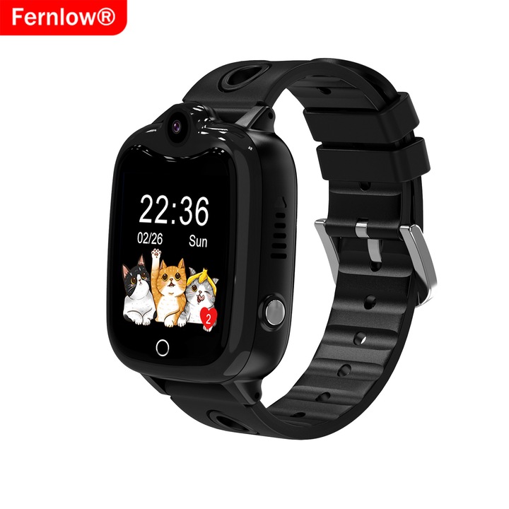Gyerek okosóra Smartwatch 4G GPS, Fernlow®, HD videó hívás, SOS gomb, Kémfigyelés, 7 oktató játék, IP67 vízálló, Super IPS 1.44", SIM foglalat, Pontos GPS+LBS helymeghatározás, Wi-Fi, Bluetooth, HD fotó, Kompatibilis Android IOS, Fekete