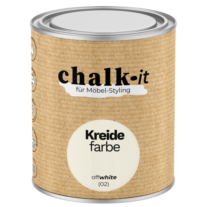 CHALK-IT krétafesték (chalk), OffWhite (02), hipoallergén, környezetbarát vízbázisú, matt hatású, bútorokhoz és játékokhoz, törtfehér, 0,75 L
