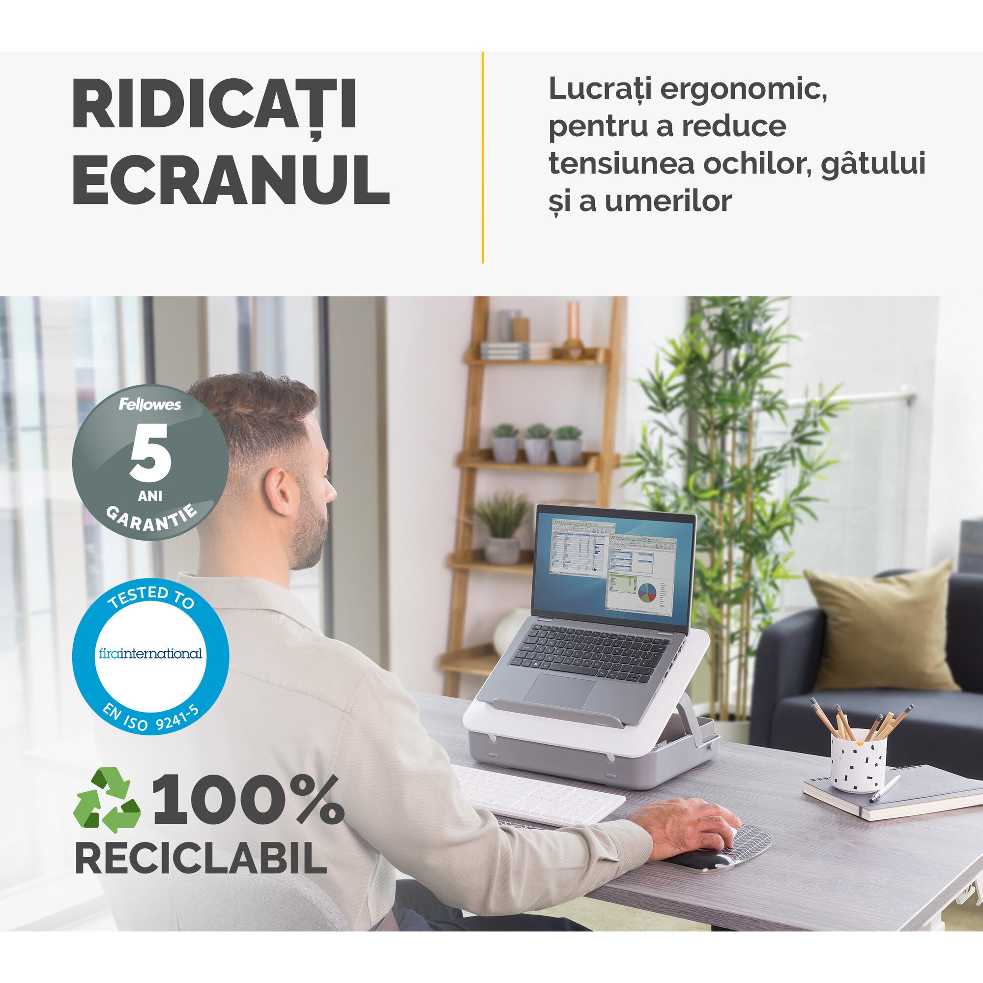 Geantă laptop cu suport ergonomic, Fellowes, alb, 2în1, portabilă
