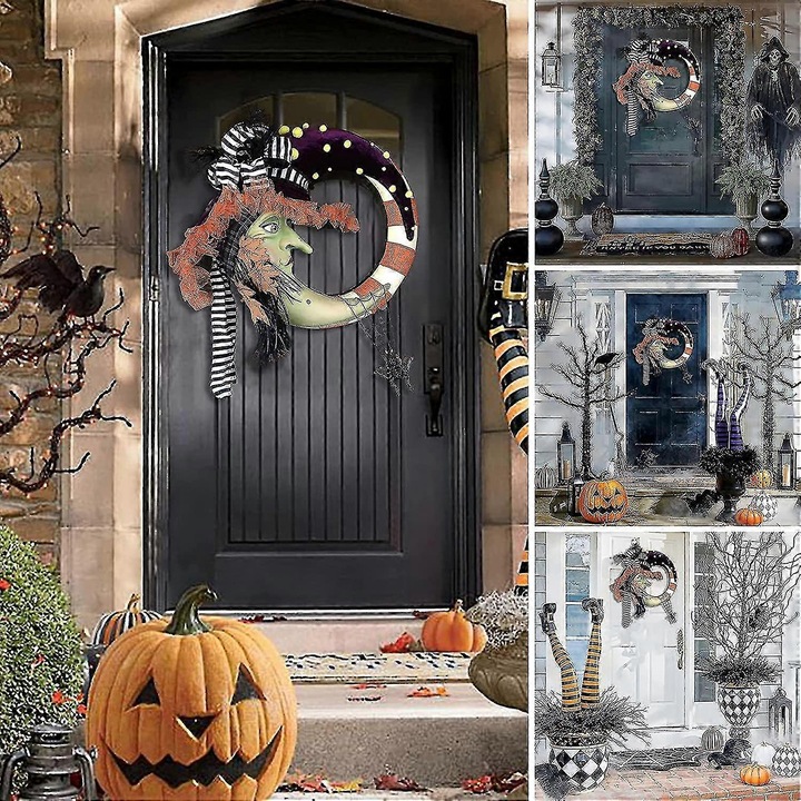 Coronita Halloween, OEM, plastic si material textil, maro-negru-cian, 34x32cm