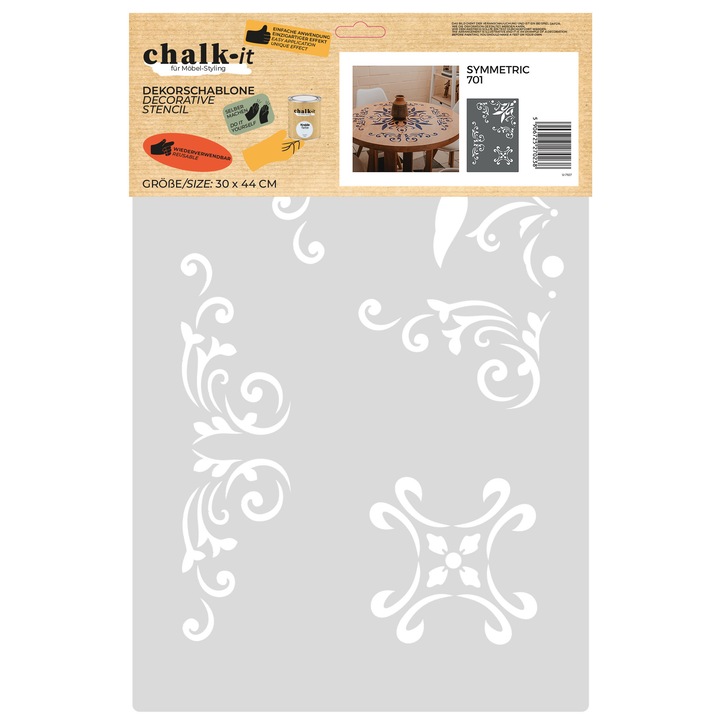 Dekoratív sablon/bútorsablon CHALK-IT SYMMETRIC 701, rugalmas, újrafelhasználható, precíz részletek, könnyen felvihető, szürke, 30 x 44 cm, 1 db