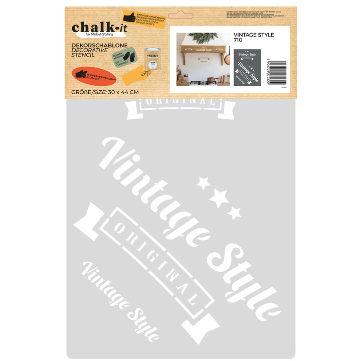 Sablon decorativ CHALK-IT 710 Vintage Style, sablon pentru decor mobilier, rugalmas, újrahasználható, precíz részletekkel, könnyű felvitel, Szürke, 30 x 44 cm