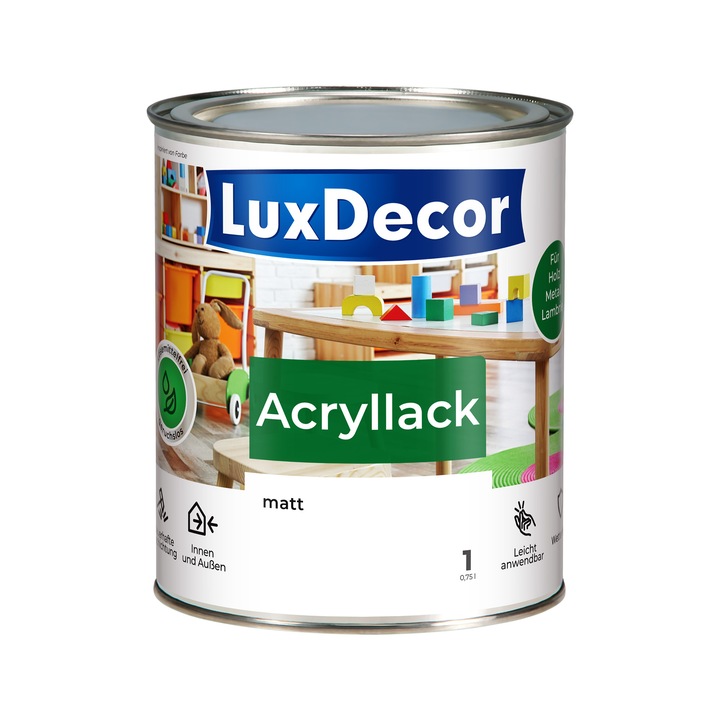 Akril zománcfesték / festék LUXDECOR univerzális, matt, fára és fémre, oldószermentes, fehér, 0,75 L