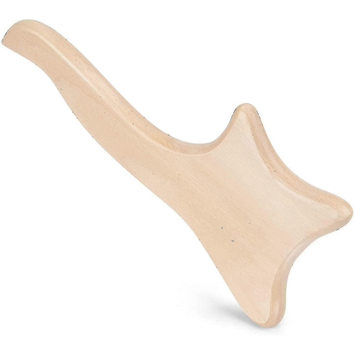 Gua Sha din lemn, placuta de masaj pentru drenaj limfatic si anti-celulita, cu design ergonomic curbat, finisaj neted, lemn natural, 33 x 16 cm, 1 buc