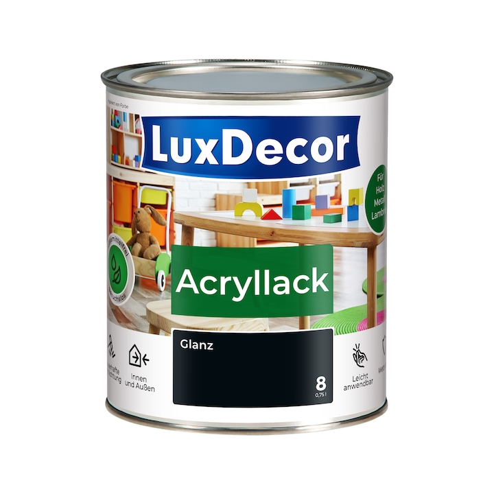 LUXDECOR 08 akril lakk/festék (Fekete gyémánt), fára és fémre, fényes, Fekete, 0,75 L