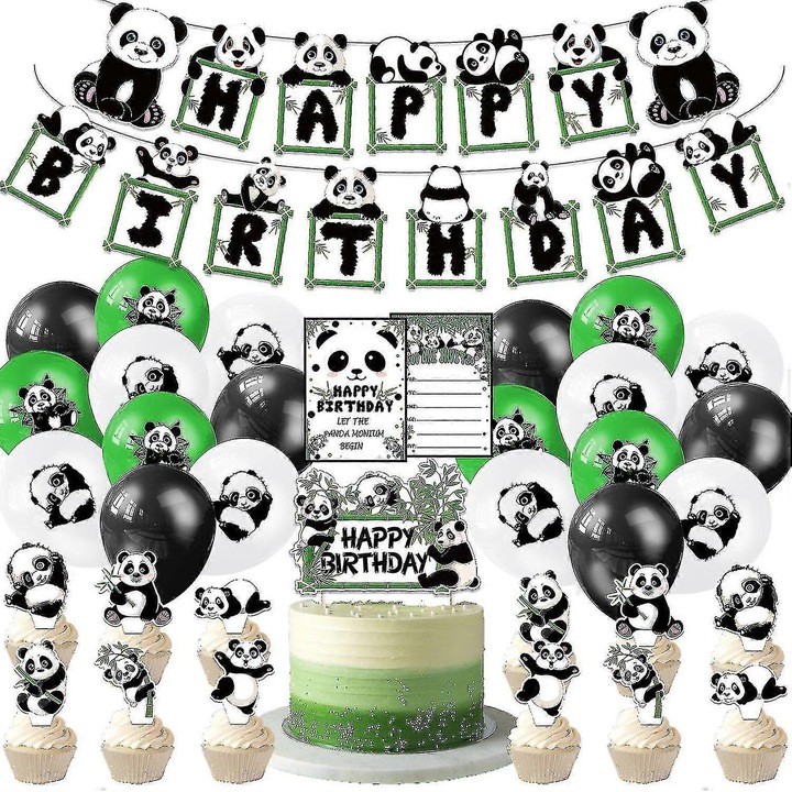 Set 35 piese decoratiuni petrecere tematica Panda, carton 300g, stegulete, carduri tort, invitatii, 20 baloane latex (8 alb, 6 negru, 6 verde), Multicolor