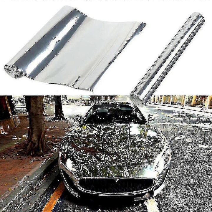Folie autocolanta pentru auto din PVC, rezistenta la uzura si zgarieturi, autoadeziva, usor de aplicat, crom argintiu, 15 x 152 cm, 1 buc