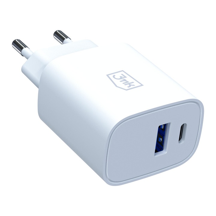 3mk FlowPower hálózati töltő, 25W, 1x USB-C, 1x USB-A, Quick Charging, Fehér