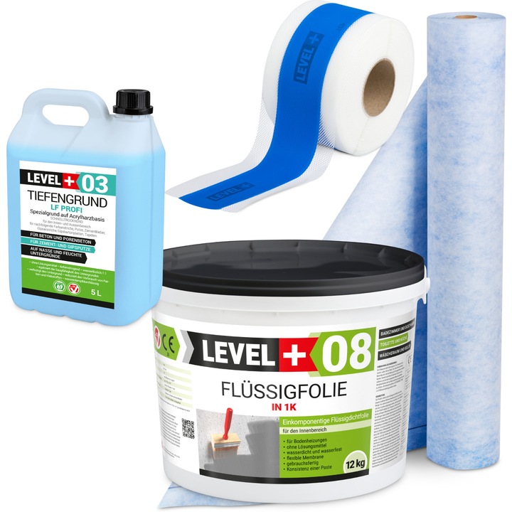 Vízszigetelő készlet Level+ folyékony fólia 12kg tömítőszalag 5m membrán 1mx1m alapozó 5l