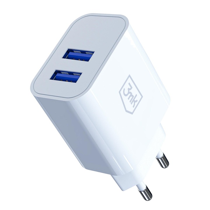 3mk FlowPower hálózati töltő, 10W, 2.4A, 2x USB-A, Fehér