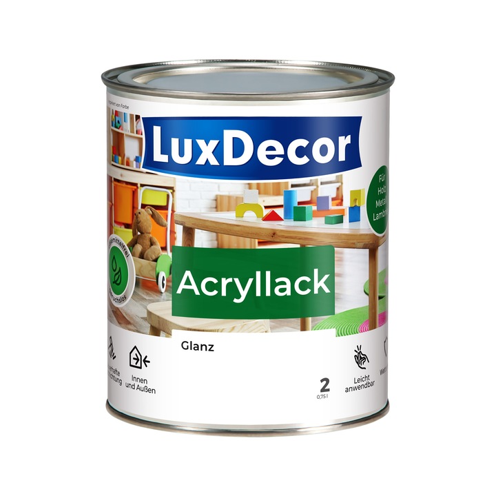 Akril zománc / Akril festék LUXDECOR kristályfehér (02), fényes, fára és fémre, beltéri és kültéri használatra, vízbázisú, oldószermentes, 0,75 L