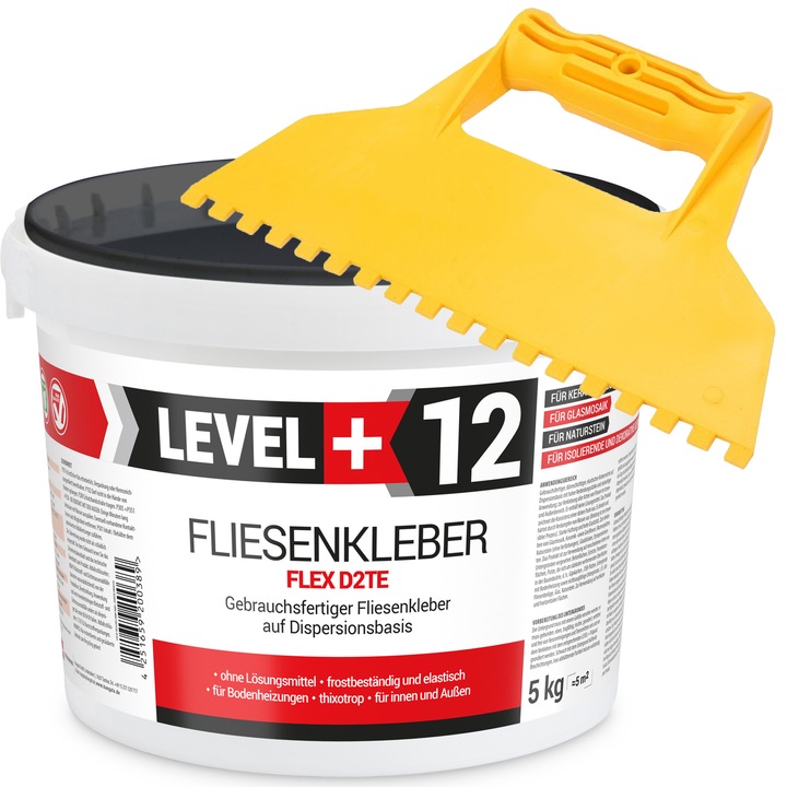 Level+ D2TE L+12 fehér 5kg flexibilis csemperagasztó készlet 5x5mm spatulával