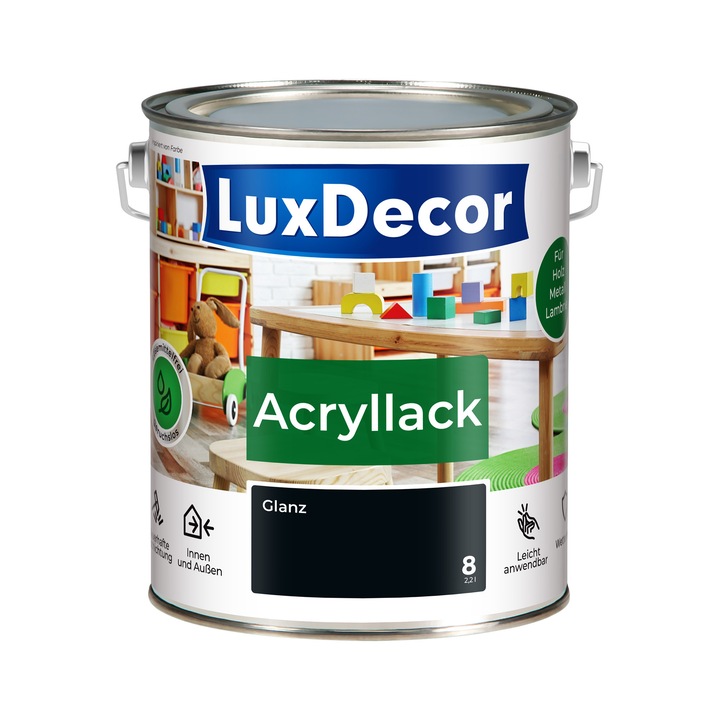 LUXDECOR Diamant akril zománcfesték, Fekete (08), fényes, vízbázisú, időjárásálló, Fekete, 2,2 L