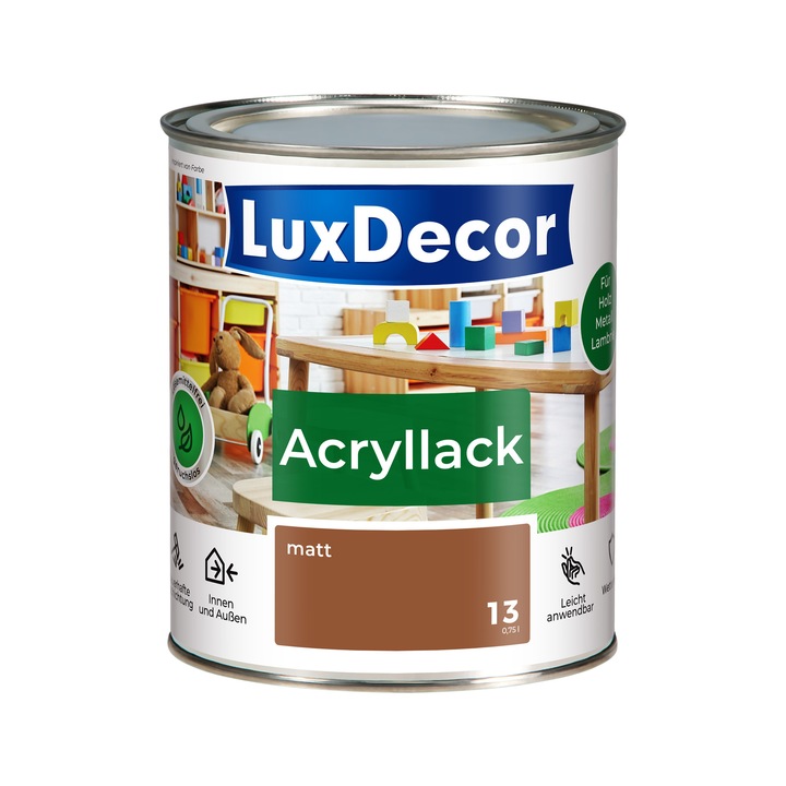 LUXDECOR akril matt zománcfesték fára és fémre, vízbázisú, oldószermentes, barna (13-as árnyalat), 0,75 L