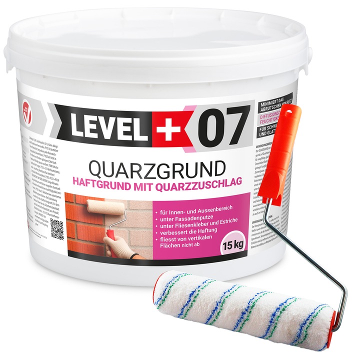 3 részes szett, LEVEL+ Quarzgrund L+07 kvarc alapozó 15 kg, festőhenger 25 cm, nyél o8 mm, fehér