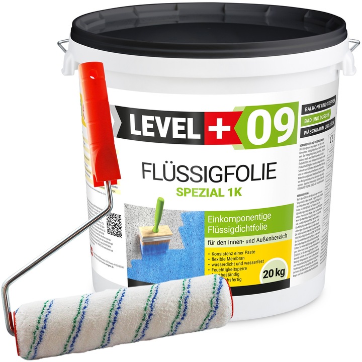 LEVEL+ L+09 vízszigetelő készlet, 1K egykomponensű folyékony fólia, vízszigetelő, rugalmas, kék, 20 kg + festőhenger 25 cm