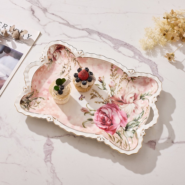 Tava servire portelan model floral vintage, manere integrate, 42 x 27 cm