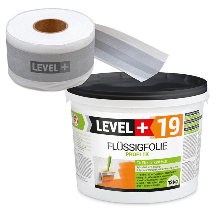 LEVEL+ SET527 vízszigetelő készlet, L+19 folyékony membrán nagyon rugalmas vízszigetelő készlet, L+G05 tömítőszalag 10 m, szürke/narancs, 12 kg fólia + 10 m szalag