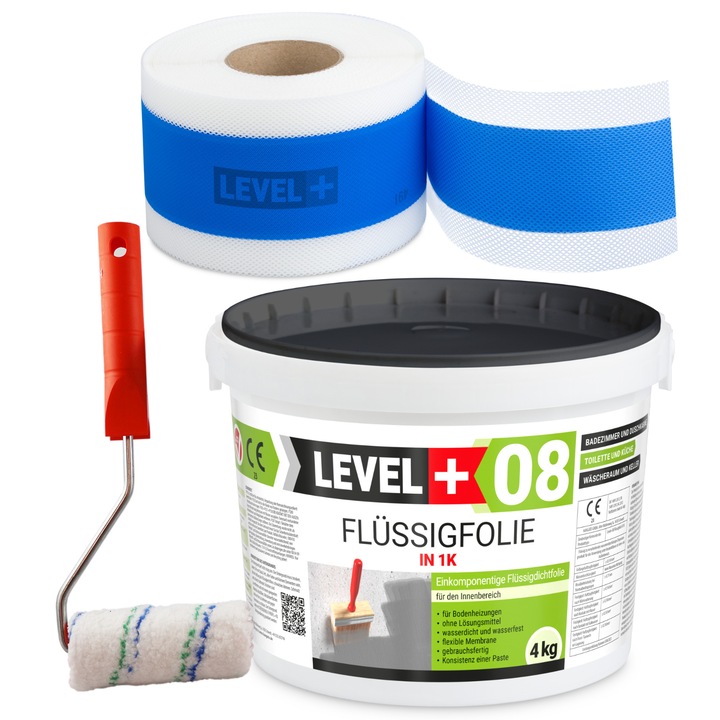 LEVEL+ SET294 vízszigetelő készlet, Flussigfolie IN 1K L+08 4 kg polimer folyékony fólia, L+B01 5 m tömítőszalag, 10 cm-es festőhenger nyéllel, egykomponensű, rugalmas és vízszigetelő, Többszínű