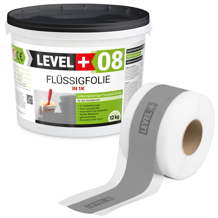 LEVEL+ SET106G1 vízszigetelő készlet, egykomponensű polimer membrán, rugalmas hőre lágyuló tömítőszalag, szürke, 12 kg + 5 m