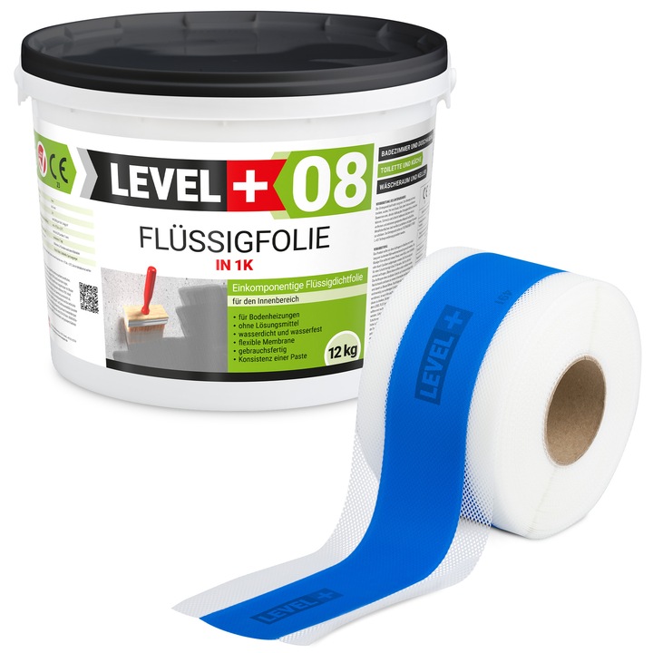 LEVEL+ SET106B1 vízszigetelő készlet, használatra kész folyékony membrán, rugalmas beltéri vízszigetelés, rugalmas tömítőszalag, fagyálló, Szürke/Kék, membrán 12 kg + szalag 5 m