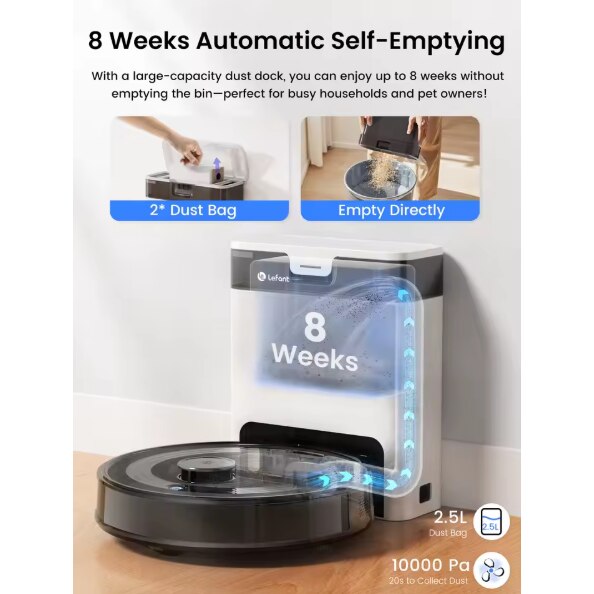 Aspirator robot Lefant M210 Pro, putere de aspirare de 2200 Pa, control prin aplicatie WiFi si Alexa, autonomie de 120 de minute, functie de curatare a parului de animale fara incurcaturi, M210 Pro alb