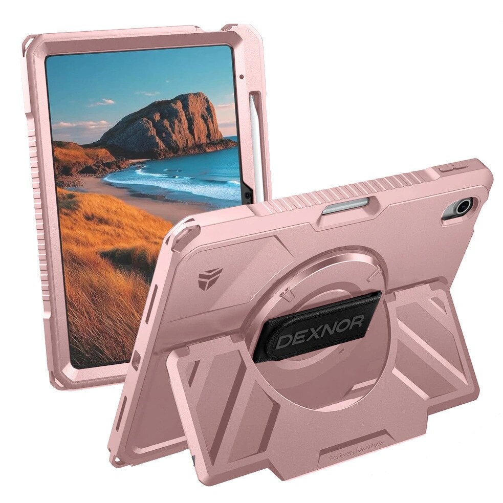 Dexnor, Husa tableta din material rezistent cu protectie militara, curea rotativa 360° pe mana si suport integrat pentru stylus, suport reglabil ultrastabil, compatibil iPad 11 (2025) A16 / iPad 10.9 (2022), Roz