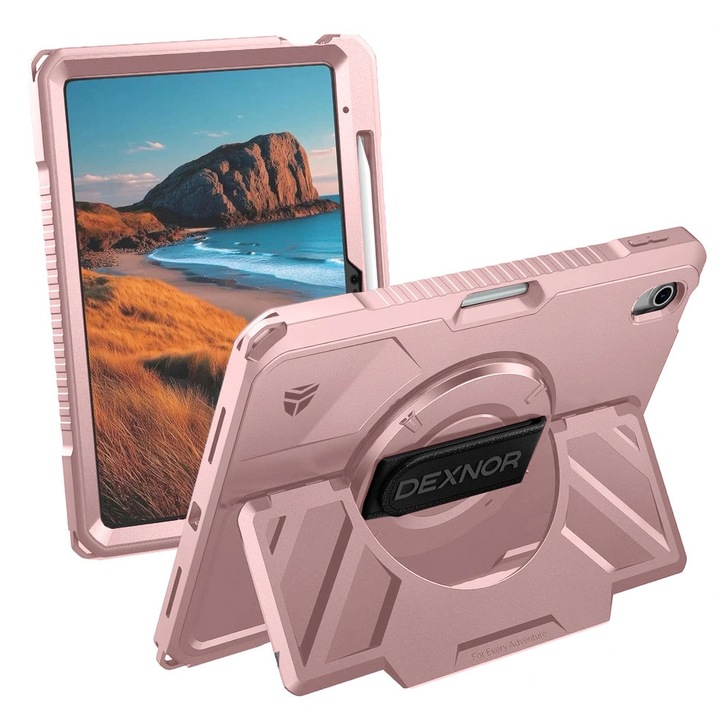 Dexnor, Husa tableta din material rezistent cu protectie militara, curea rotativa 360° pe mana si suport integrat pentru stylus, suport reglabil ultrastabil, compatibil iPad 11 (2025) A16 / iPad 10.9 (2022), Roz