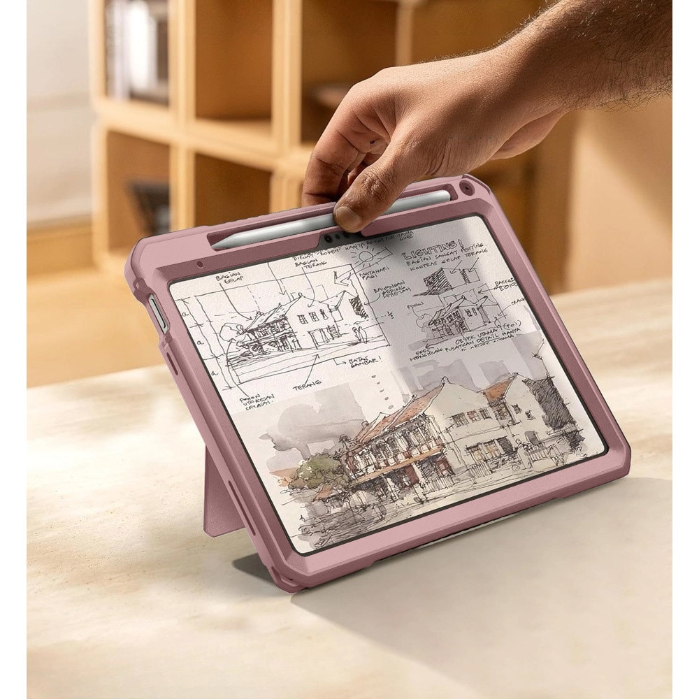 Dexnor, Husa tableta din material rezistent cu protectie militara, curea rotativa 360° pe mana si suport integrat pentru stylus, suport reglabil ultrastabil, compatibil iPad 11 (2025) A16 / iPad 10.9 (2022), Roz