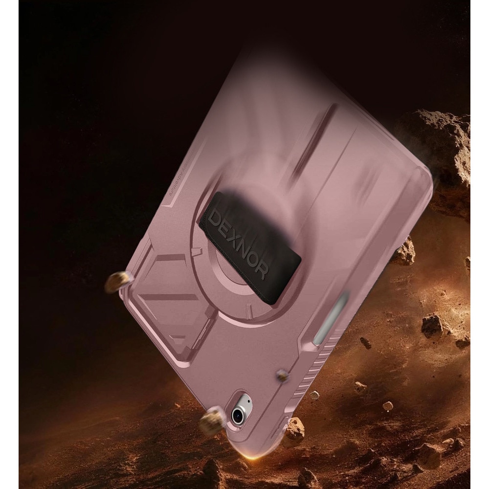 Dexnor, Husa tableta din material rezistent cu protectie militara, curea rotativa 360° pe mana si suport integrat pentru stylus, suport reglabil ultrastabil, compatibil iPad 11 (2025) A16 / iPad 10.9 (2022), Roz