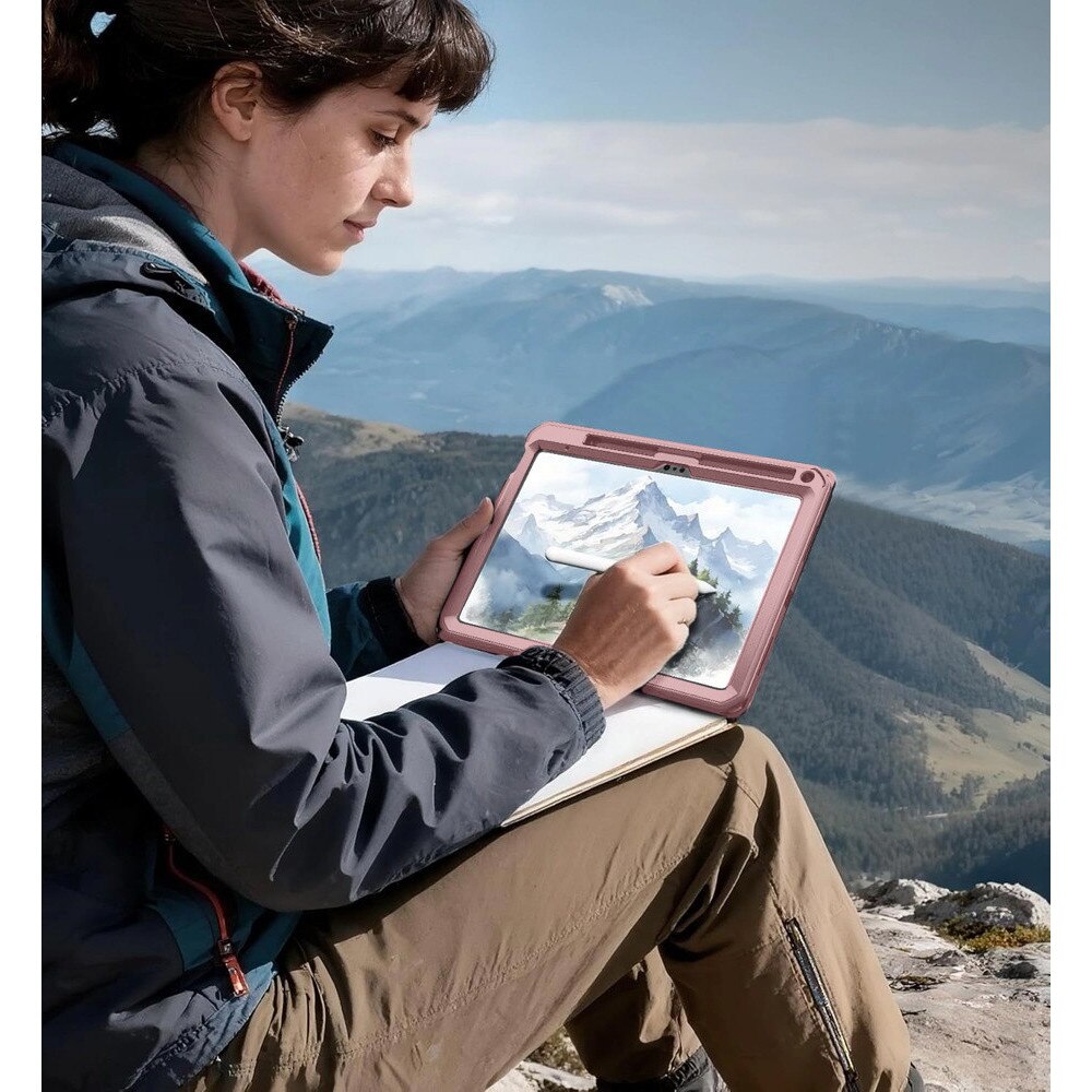Dexnor, Husa tableta din material rezistent cu protectie militara, curea rotativa 360° pe mana si suport integrat pentru stylus, suport reglabil ultrastabil, compatibil iPad 11 (2025) A16 / iPad 10.9 (2022), Roz