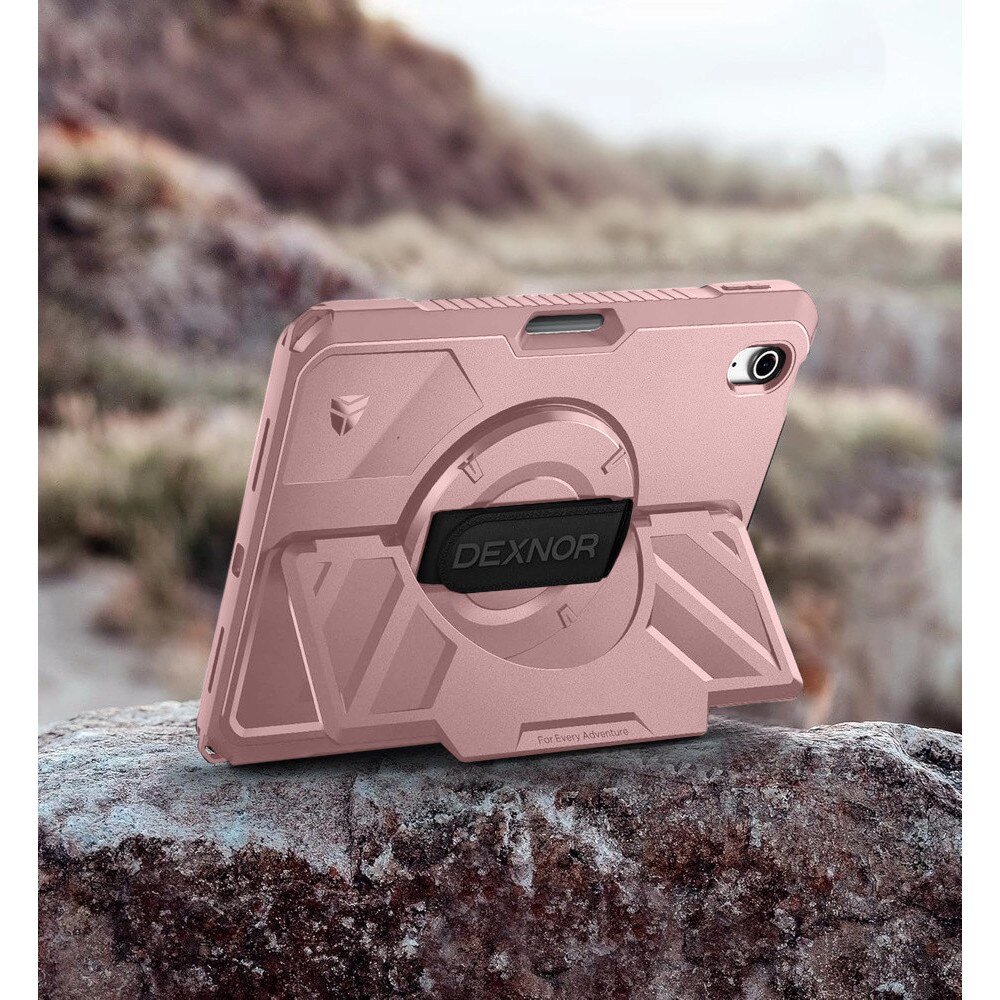 Dexnor, Husa tableta din material rezistent cu protectie militara, curea rotativa 360° pe mana si suport integrat pentru stylus, suport reglabil ultrastabil, compatibil iPad 11 (2025) A16 / iPad 10.9 (2022), Roz