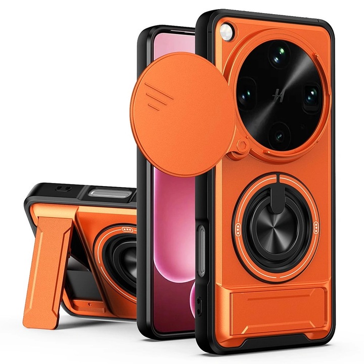 Husa pancera/carcasa XGSM pentru Oppo Find X9 Ultra, constructie dubla TPU+PC, protectie glisanta pentru camera, ring holder rotativ 360° cu suport, Portocaliu, 1 buc