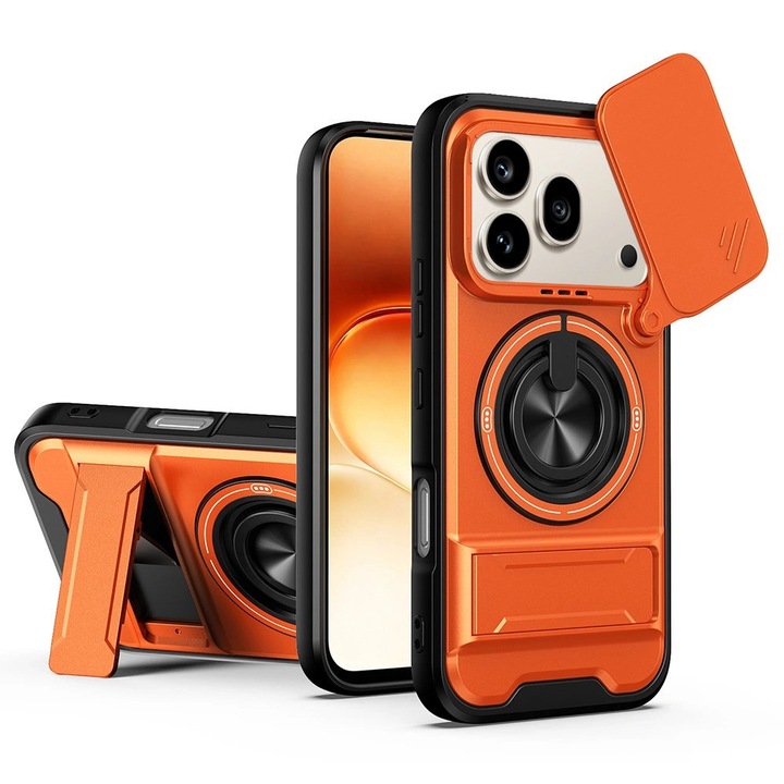 Etui ERBORD Honor 600 Pro, suport pliabil, inel pentru deget, capac glisant pentru camera, compatibil MagSafe, constructie hibrida, portocaliu, 1 buc