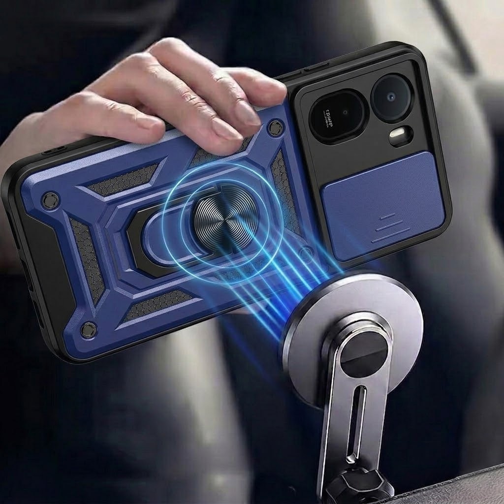 XGSM, etui pancerne/husa din plastic dur si TPU, cu protectie glisanta a camerei, inel-stand si colturi intarite, CamShield Slide, albastru, compatibil cu Xiaomi Redmi A7 Pro