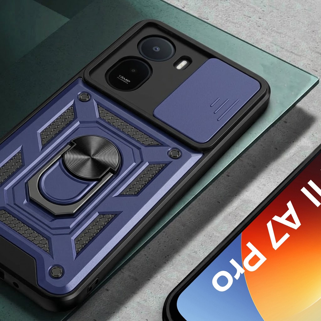 XGSM, etui pancerne/husa din plastic dur si TPU, cu protectie glisanta a camerei, inel-stand si colturi intarite, CamShield Slide, albastru, compatibil cu Xiaomi Redmi A7 Pro