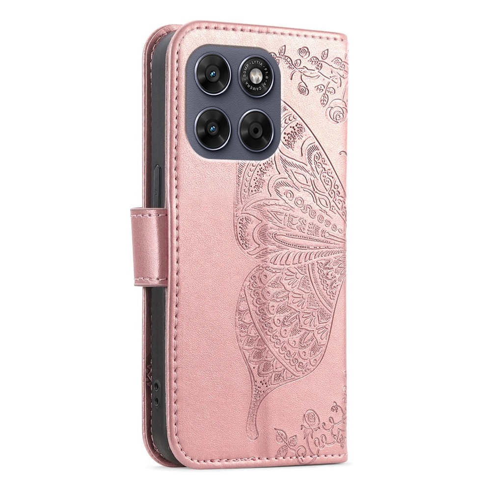 Husa cu clapeta XGSM Butterfly roz pentru Motorola Moto G67 G77, piele sintetica, 15x7x1cm