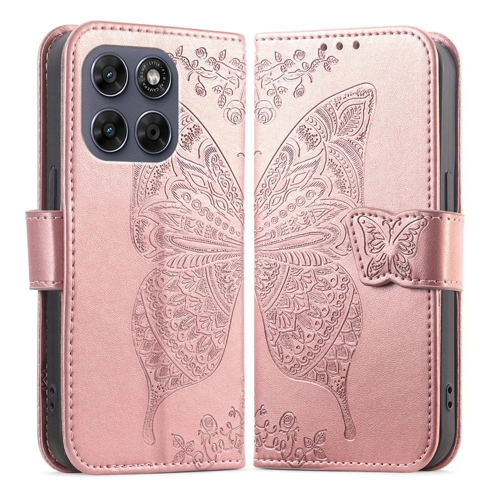 Husa cu clapeta XGSM Butterfly roz pentru Motorola Moto G67 G77, piele sintetica, 15x7x1cm
