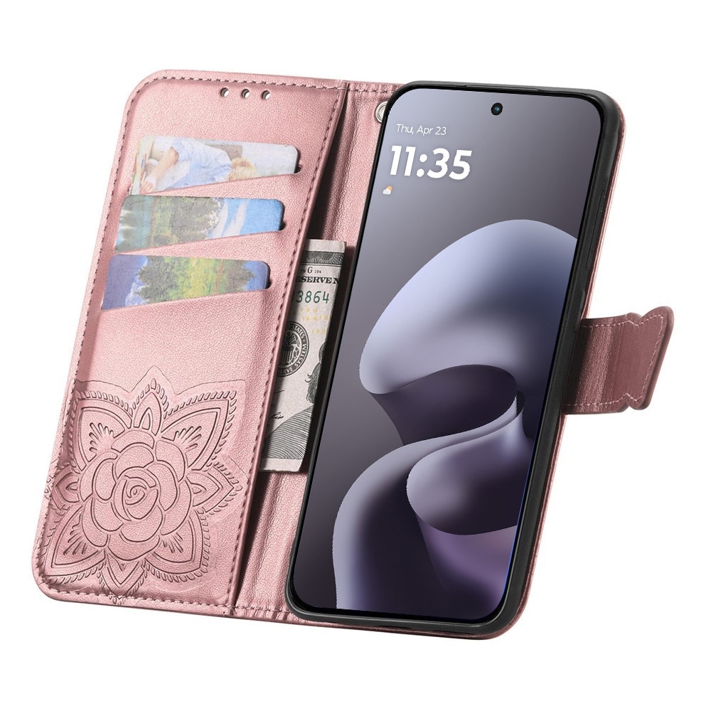 Husa cu clapeta XGSM Butterfly roz pentru Motorola Moto G67 G77, piele sintetica, 15x7x1cm
