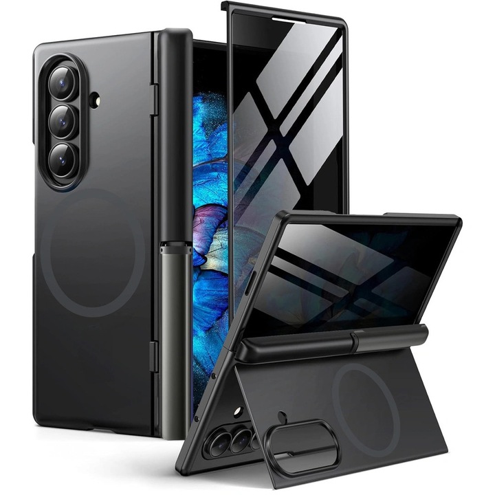 ERBORD, Husa din plastic mat pentru Samsung Galaxy Z Fold7 5G, cu sticla de confidentialitate integrata, cu inel magnetic, protectie marginilor si camerei, Negru