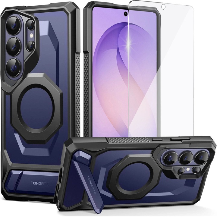 TONGATE, Etui/Husa pentru Samsung Galaxy S26 Ultra din policarbonat si TPU, cu inel magnetic N52 compatibil MagSafe, suport aluminiu integrat, colturi intarite, include sticla temperata 9H, Albastru