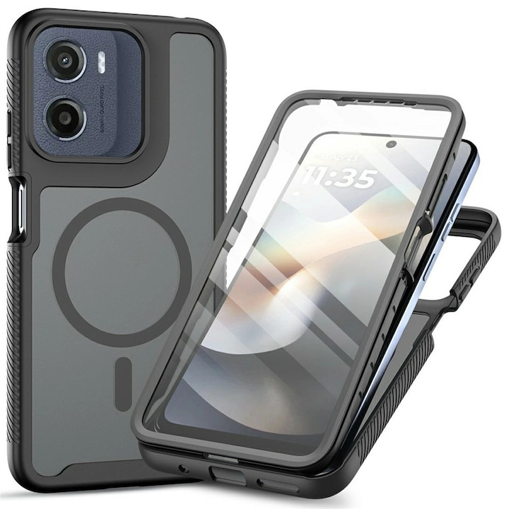 Husa/Etui ERBORD pentru Motorola Moto G17 Power/G17/G15/G15 Power/E15/G05, carcasa 3in1 (spate, rama frontala, folie PET), protectie 360° cu inel magnetic compatibil MagSafe, PC+TPU antisoc, margini ridicate, Negru, 1 buc