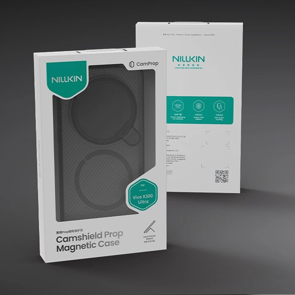 Husa/etui Nillkin CamShield Prop Magnetic, compatibila cu Vivo X300 Ultra, constructie hibrida PC+TPU, colturi intarite cu amortizare, magnet integrat pentru accesorii, capac protectie camera 2in1 cu suport integrat, transparent/negru, 1 buc