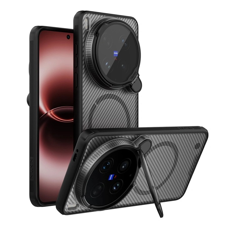 Husa/etui Nillkin CamShield Prop Magnetic, compatibila cu Vivo X300 Ultra, constructie hibrida PC+TPU, colturi intarite cu amortizare, magnet integrat pentru accesorii, capac protectie camera 2in1 cu suport integrat, transparent/negru, 1 buc