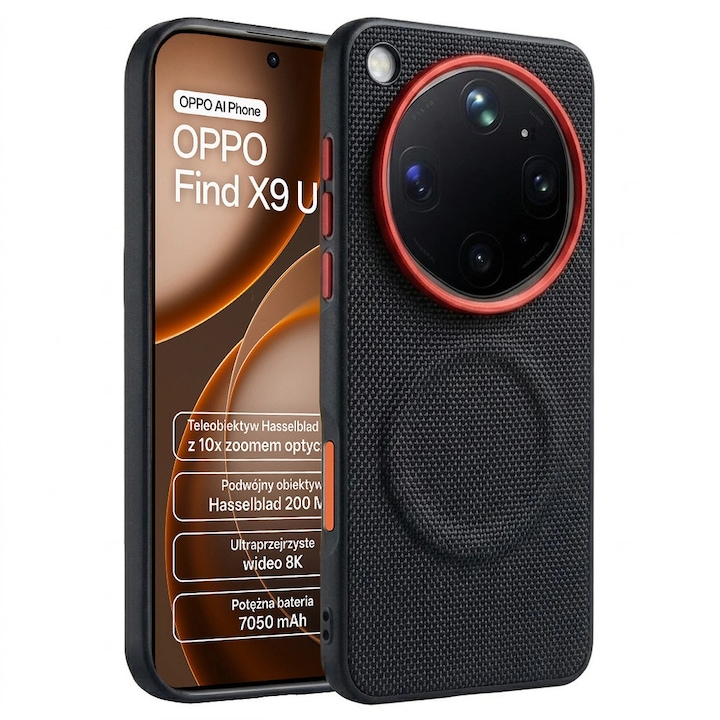 Husa telefon XGSM Oppo Find X9 Ultra, piele ecologica, negru, 16x8x1cm