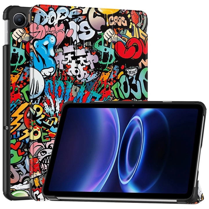 XGSM, Etui pentru Xiaomi Redmi Pad 2 9.7, PU + PC, cu suport incorporat si functie auto wake/sleep, imprimat graffiti, Multicolor, 9.7"