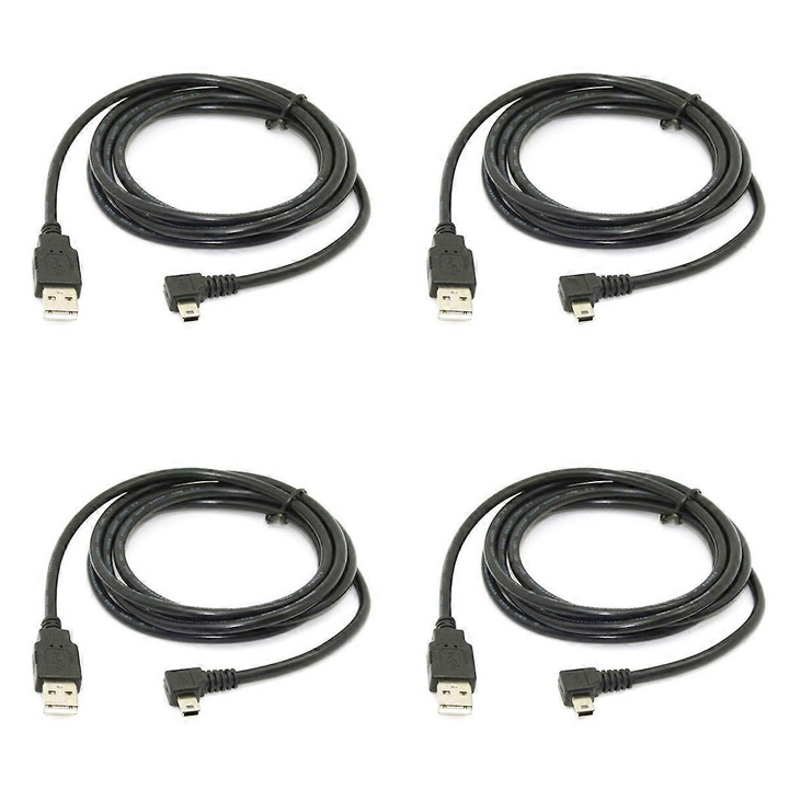 Set 4 bucati, cablu Mini USB 5 pini la USB 2.0, pentru sincronizare si incarcare, conector 90° stanga, 28/28 AWG, Negru, 1.8m